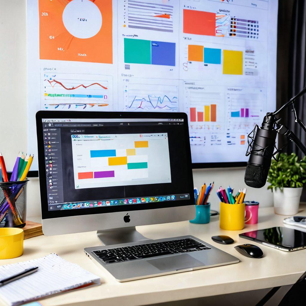 A dynamic workspace showcasing a creative individual seamlessly transitioning from writing an article on a laptop to filming a video blog with a camera setup. The scene includes colorful notes, a microphone, and a bright screen with analytics graphs, highlighting digital content creation. An array of engaging visuals surrounds the individual, representing various types of online content like blogs, vlogs, and social media. warm lighting. modern style. vibrant colors.