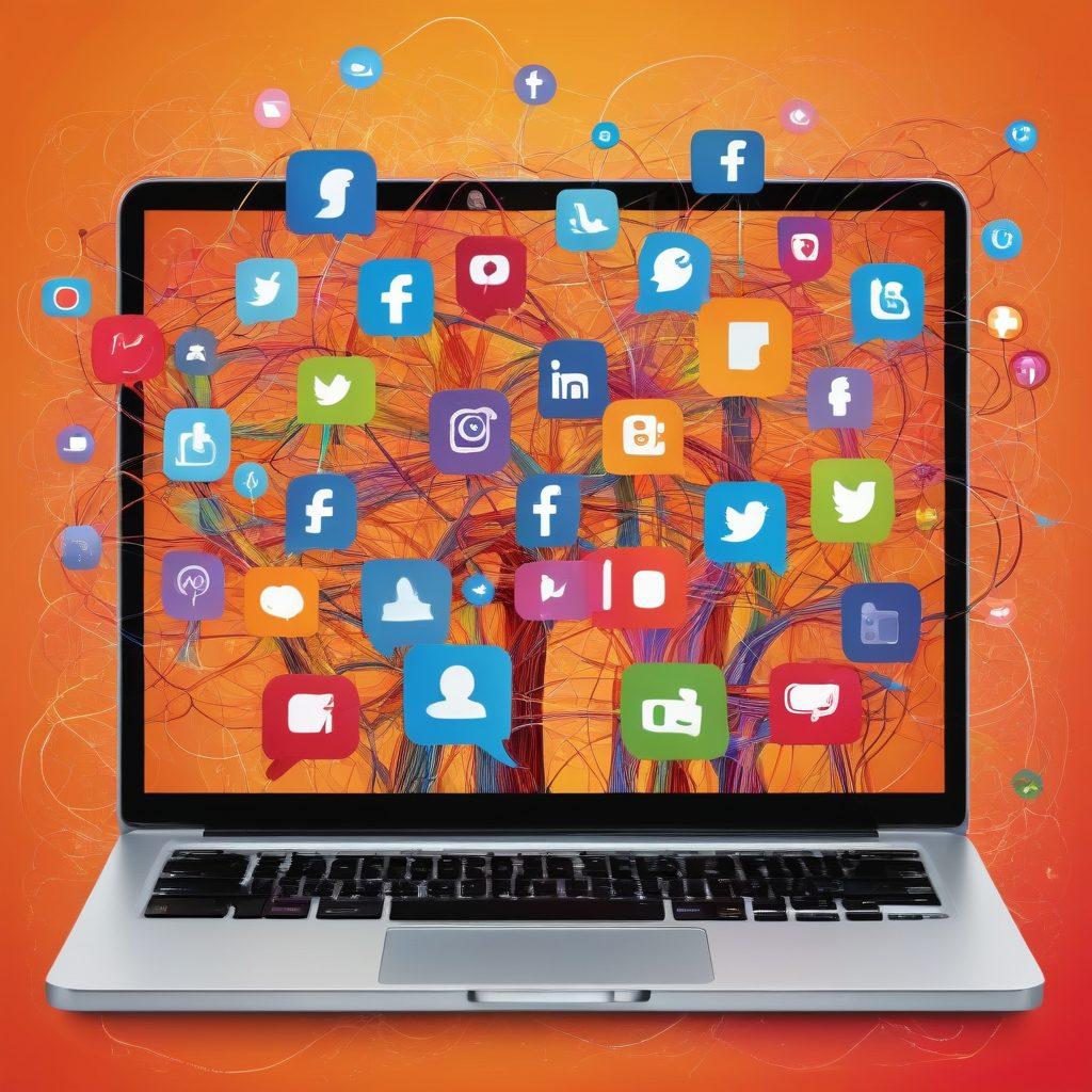 A vibrant digital collage illustrating various social media icons interconnected with colorful threads, symbolizing engagement and community. Include diverse individuals collaborating around a laptop, sharing ideas and information. The background should feature abstract representations of online interaction, like comment bubbles and likes. Infuse elements of creativity and collaboration. bright colors. vector art. dynamic composition.
