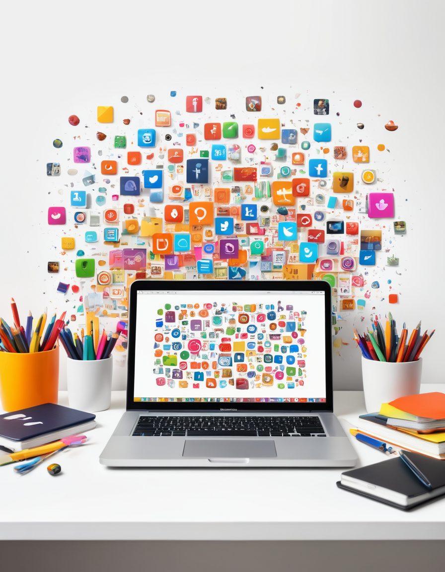 A dynamic workspace filled with scattered colorful art supplies, a laptop displaying a bright and engaging blog post, and floating icons of popular social media platforms to signify digital interaction. The ambiance is vibrant and creative, highlighting the exciting trends in modern blogging. super-realistic. vibrant colors. white background.